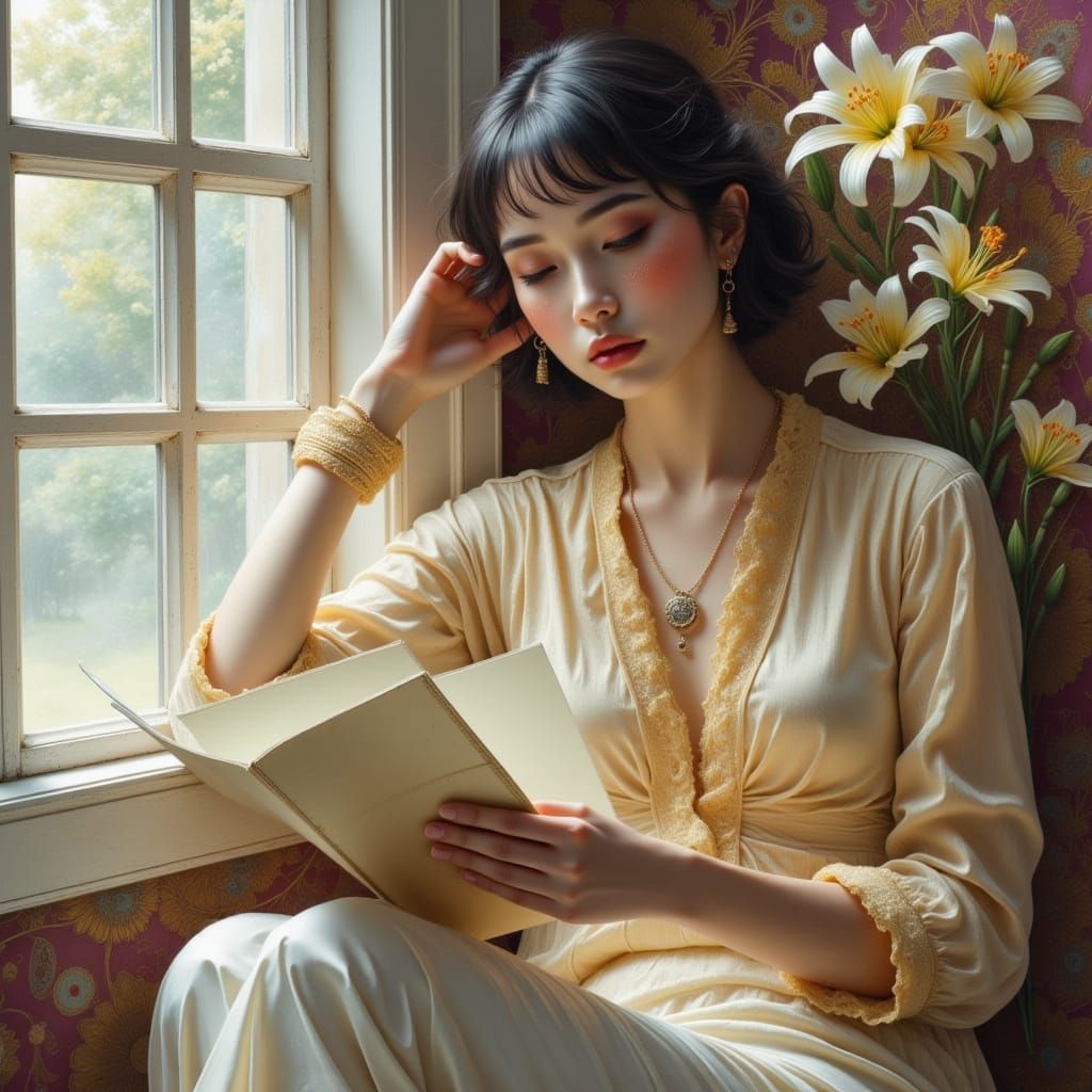 Melancholic Woman Reading Letter in Art Nouveau Style