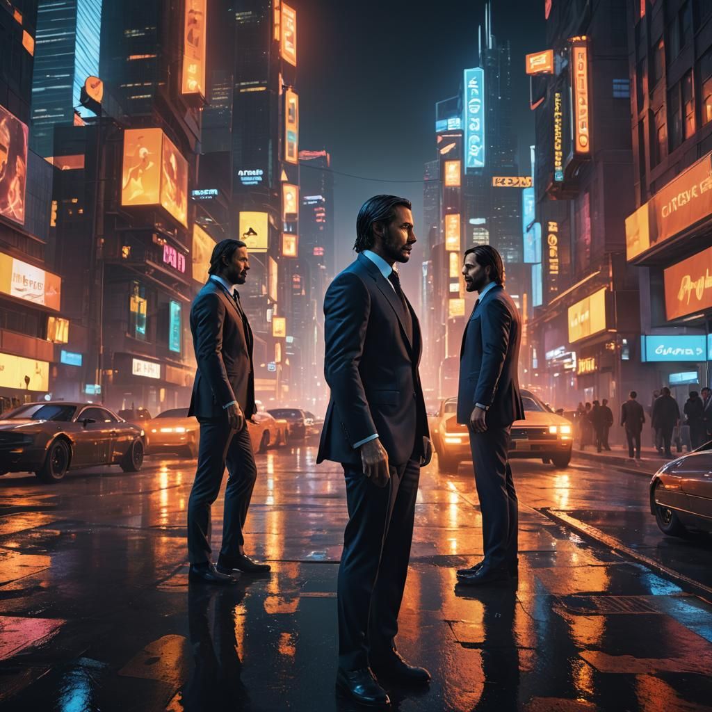 James Bond vs. John Wick in Neon Cityscape