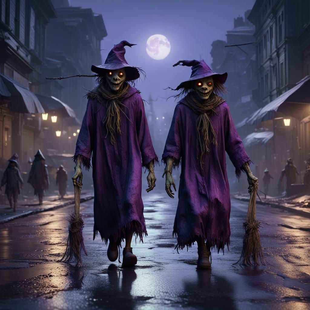Horror Scarecrows Walk City Street in Dark Fantasy Style