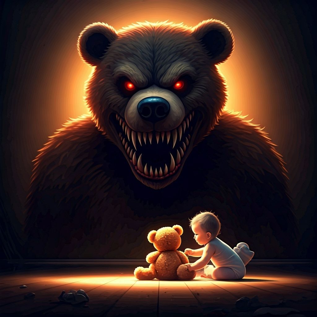 Baby and Teddy Bear Shadow Play with Evil Bear Silhouette