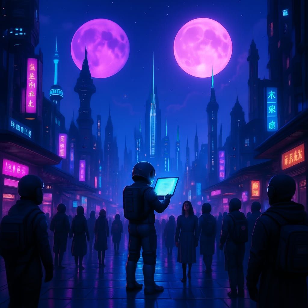 Lost Galactic Traveler in Alien City Under Twin Suns