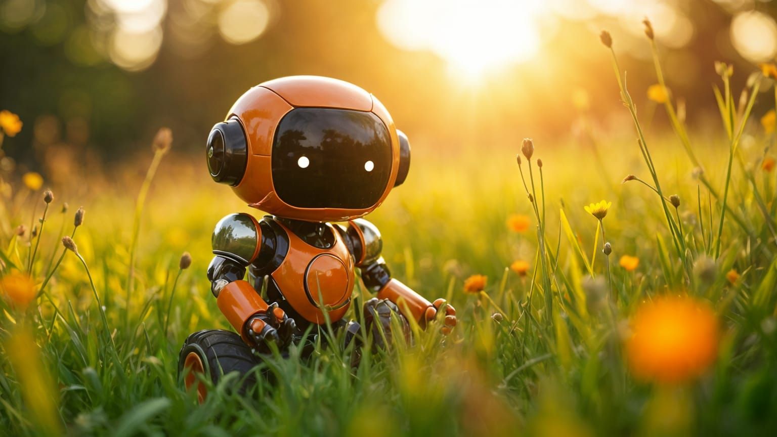 Charming Robot in Lush Green Meadow During Golden Hour