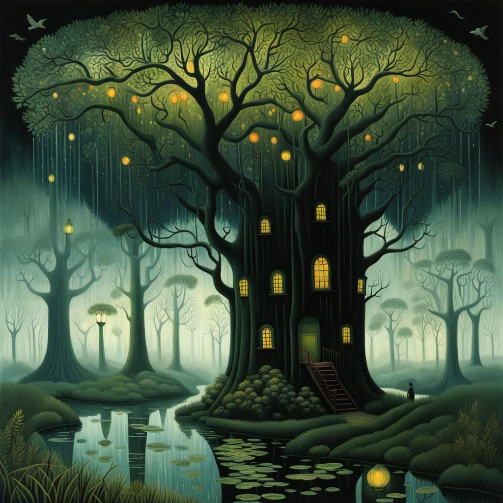 Whimsical Never-Ending Rain in Naive Art Style