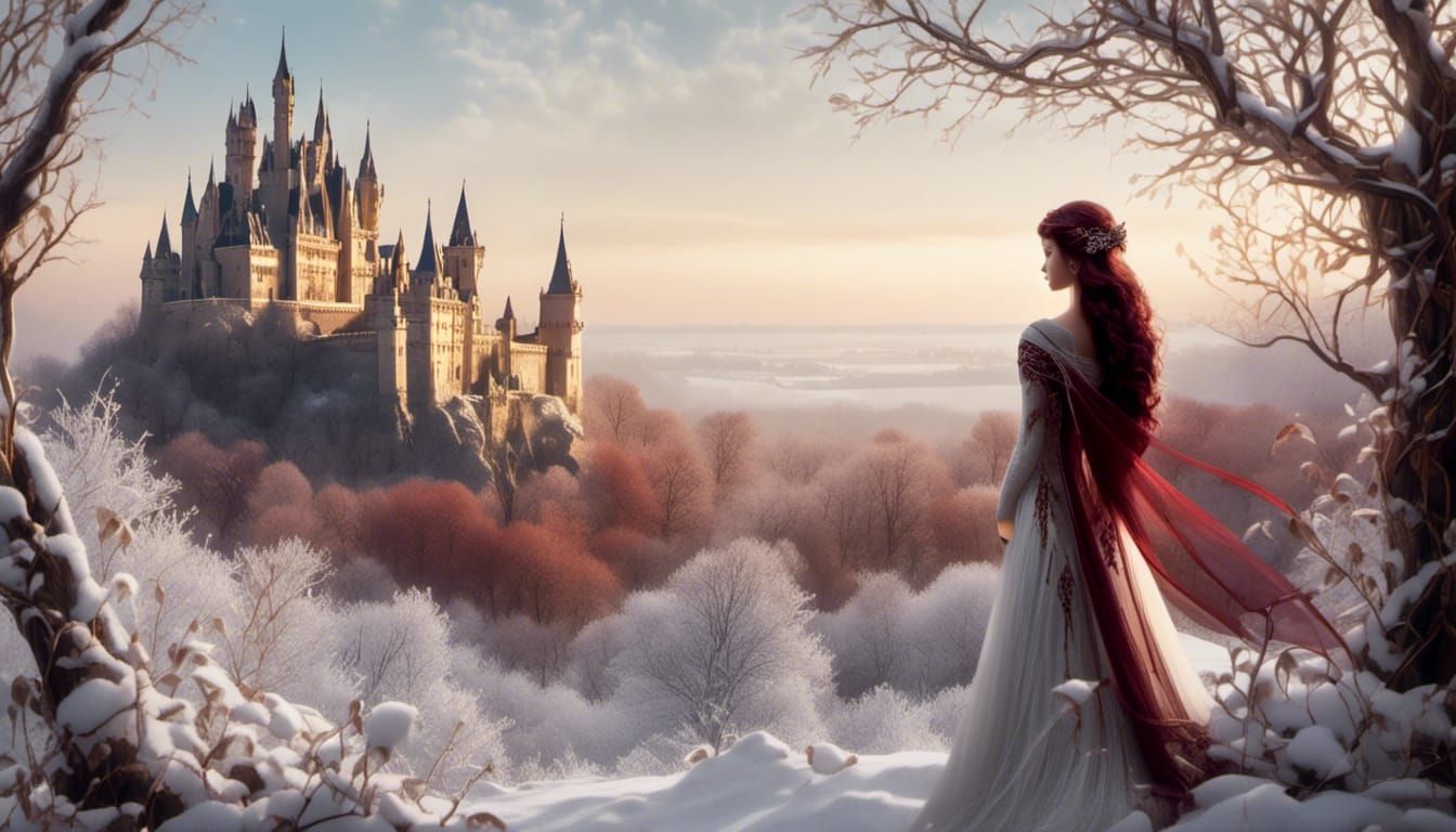 A woman in white and burgundy dress stands in snow-covered t...