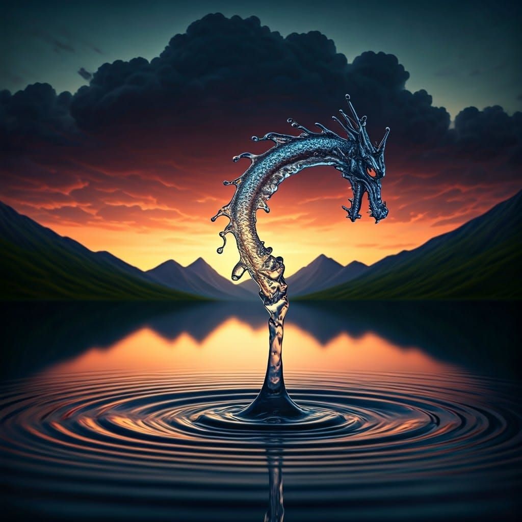 Mystical Water Dragon Descends into Sunset