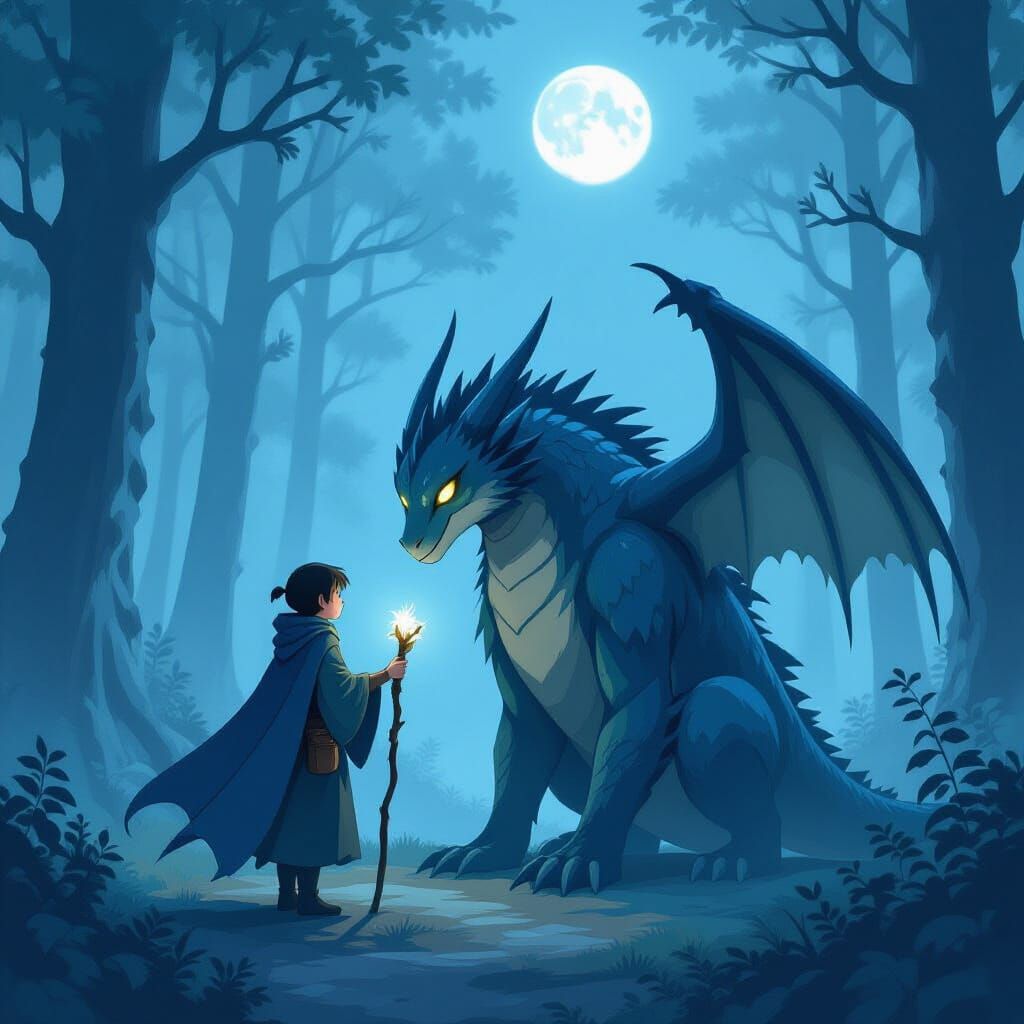Adventurer Heals Wounded Monster in Moonlit Forest