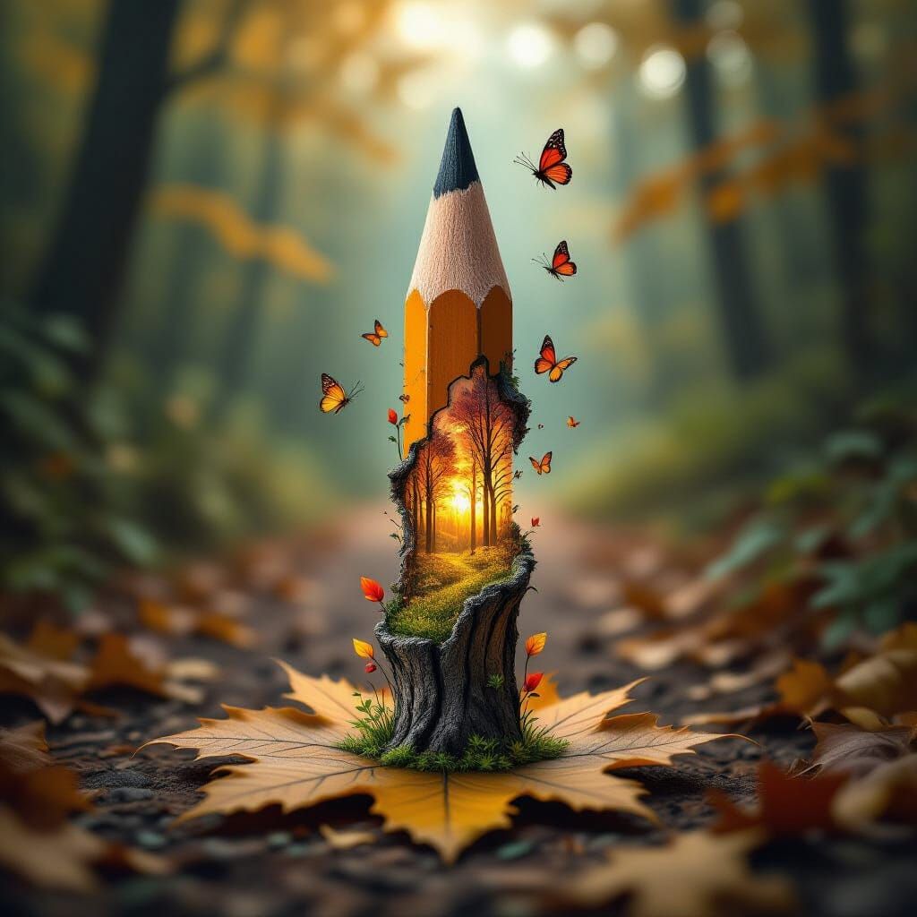 Magical Realism: Pencil Dissolves into Vibrant Autumn Forest