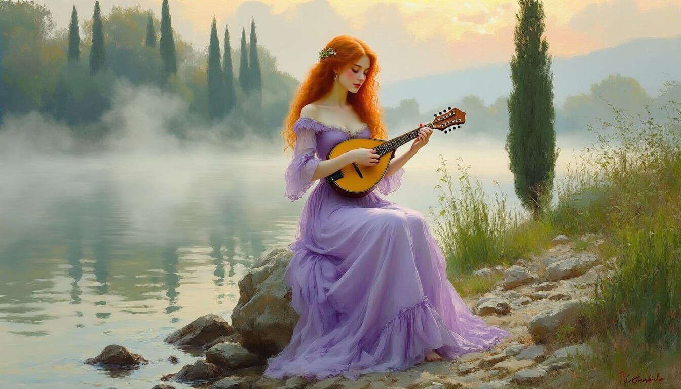 Woman Plays Mandolin in Impressionistic Lakeside Scene