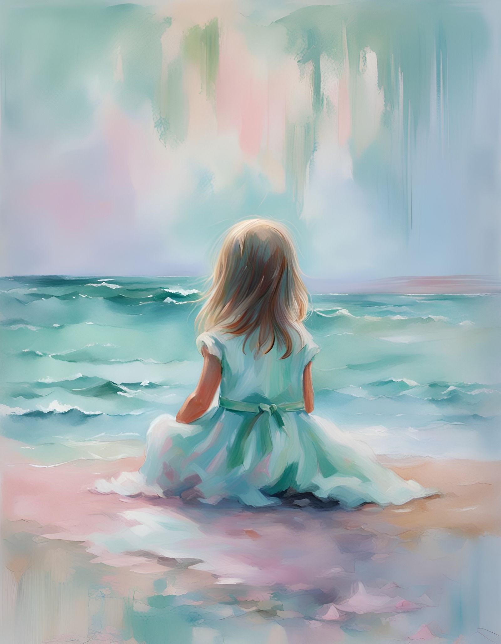 Impressionist Pastel Portrait of Girl on Beach