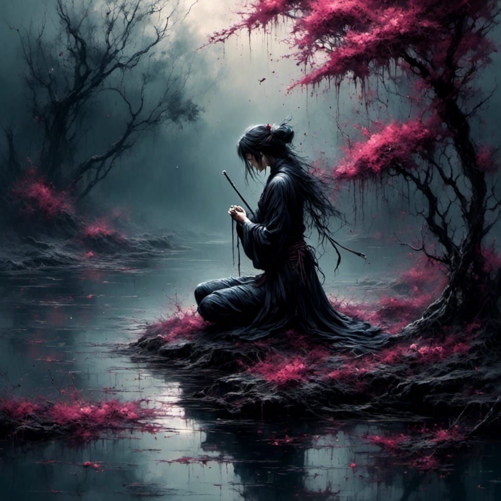 Ninja Kneeling by Pond in Sorrowful Digital Art