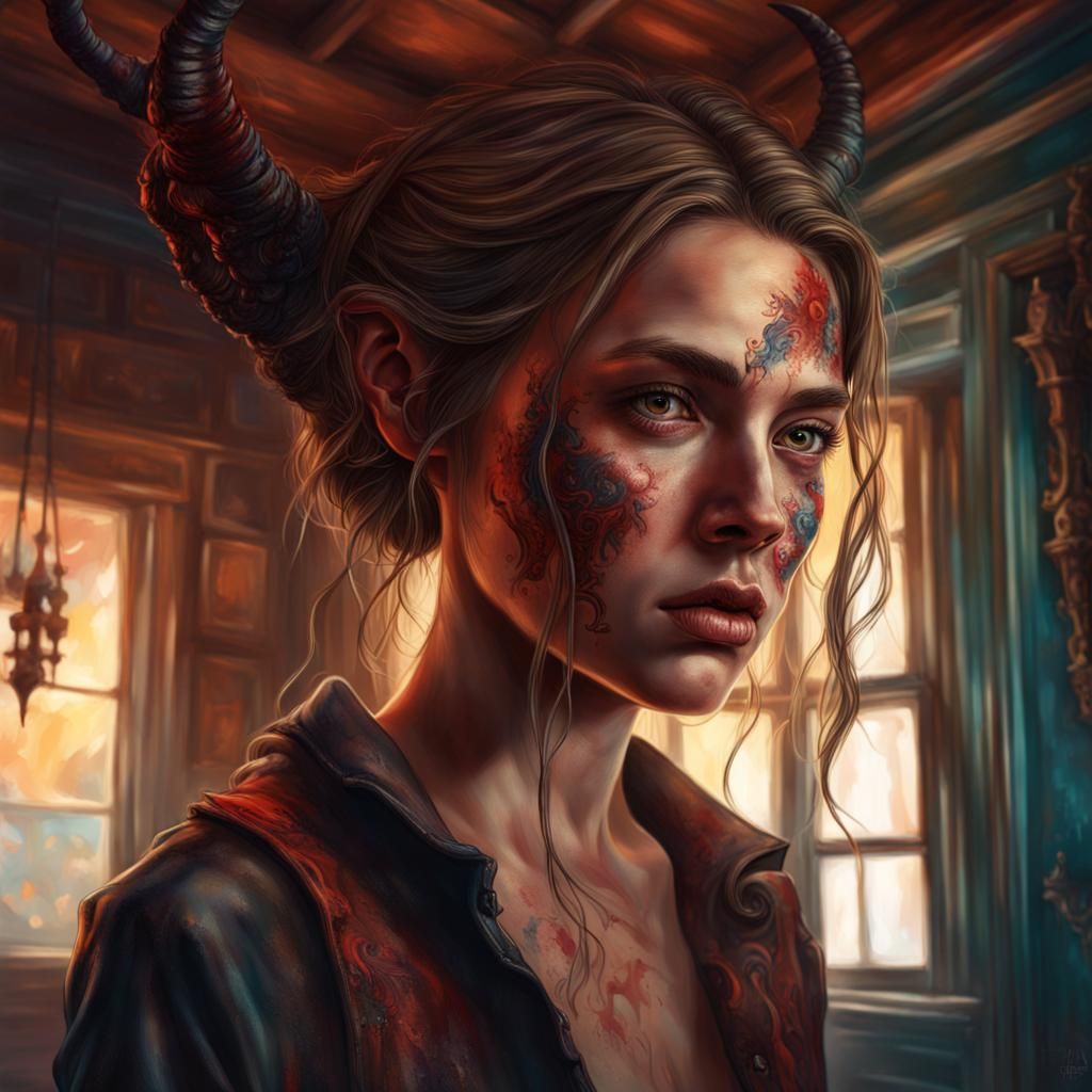 Demonic Girl in Old House: Hyperrealistic Concept Art