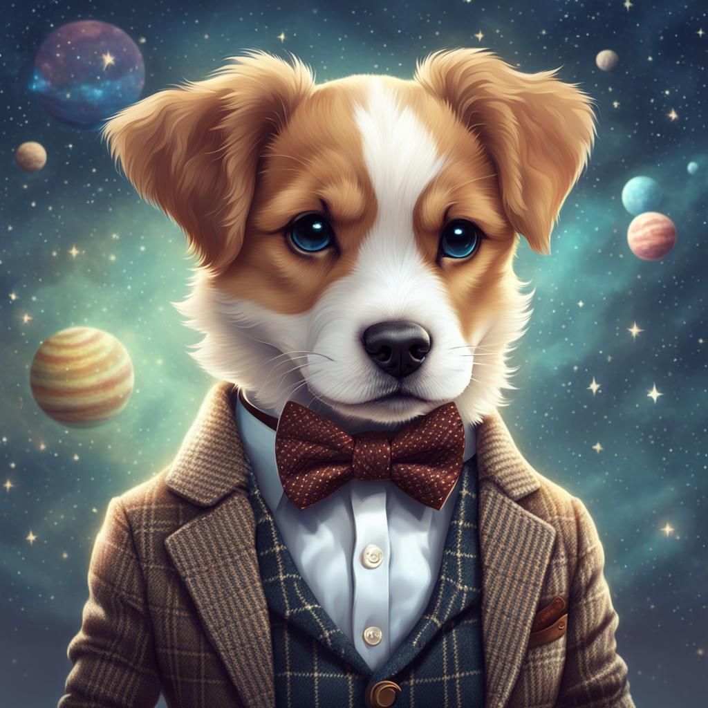 Puppy Portrait in Bow Tie and Tweed Jacket