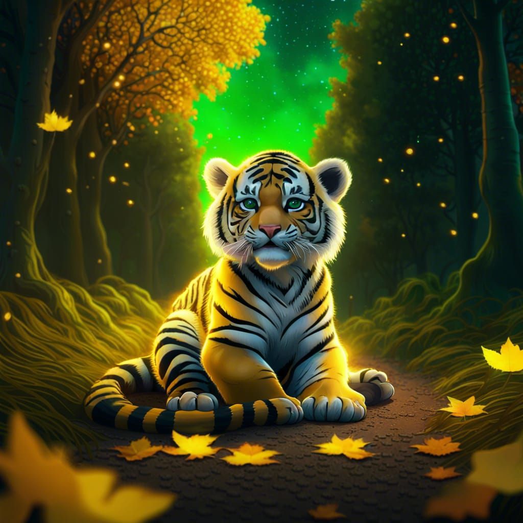 Tiger Cub in Autumn Aurora: 8K Detailed Painting