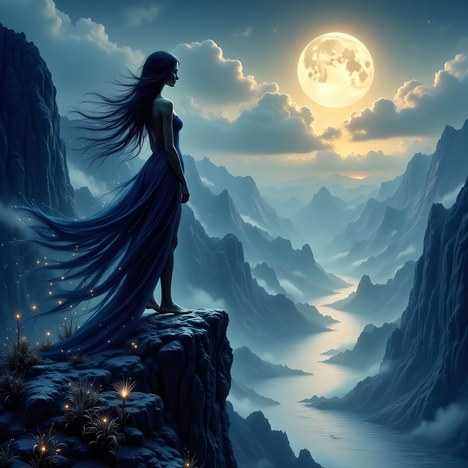 Norse Moon Goddess on Craggy Peak in Dreamy Style
