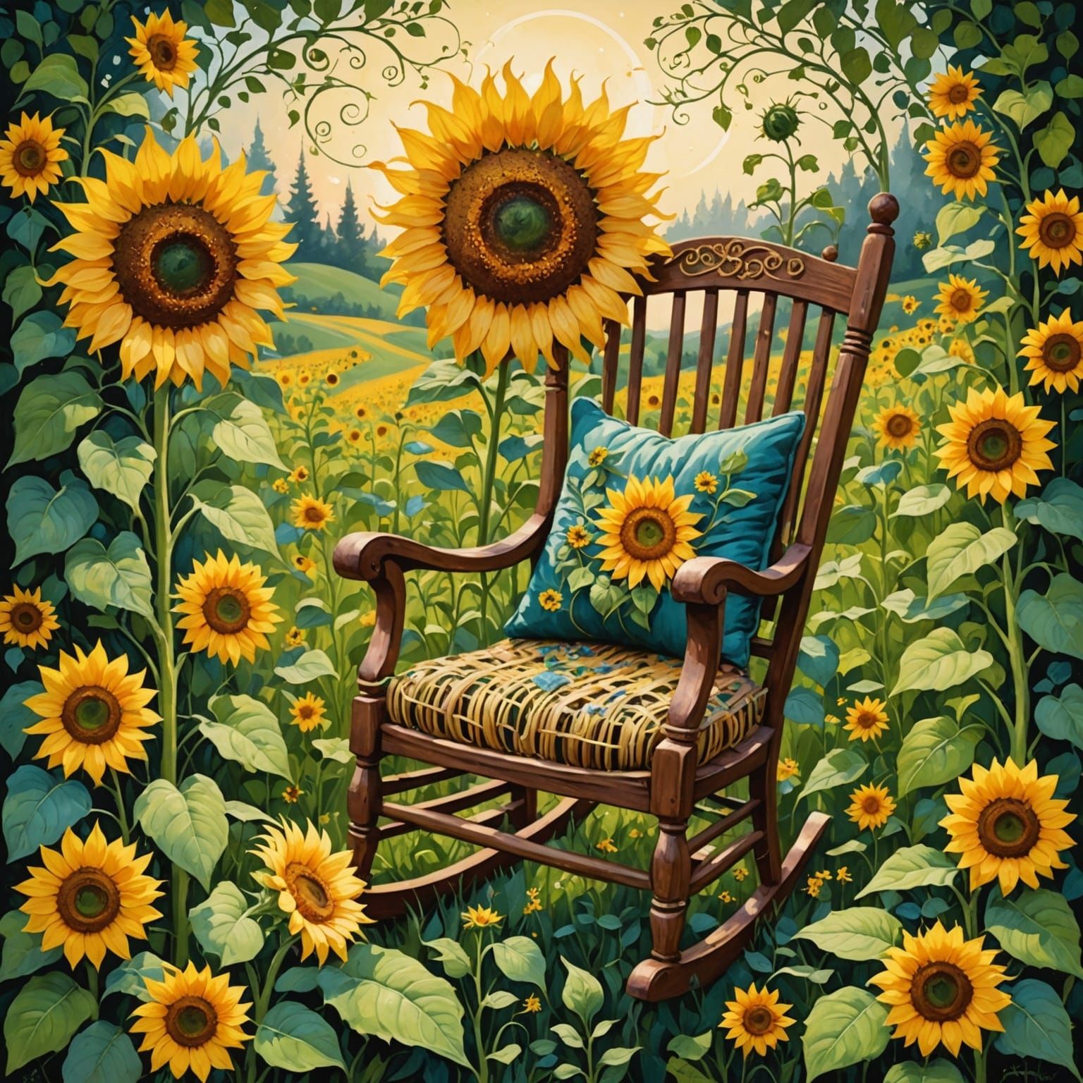 A cozy rocking chair  inside a sunflower field.