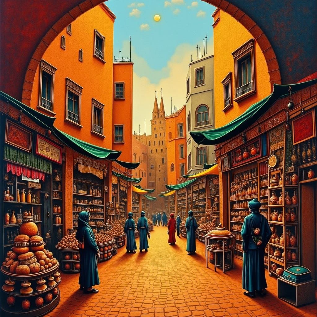 Vibrant Moroccan Bazaar in Warm Golden Light