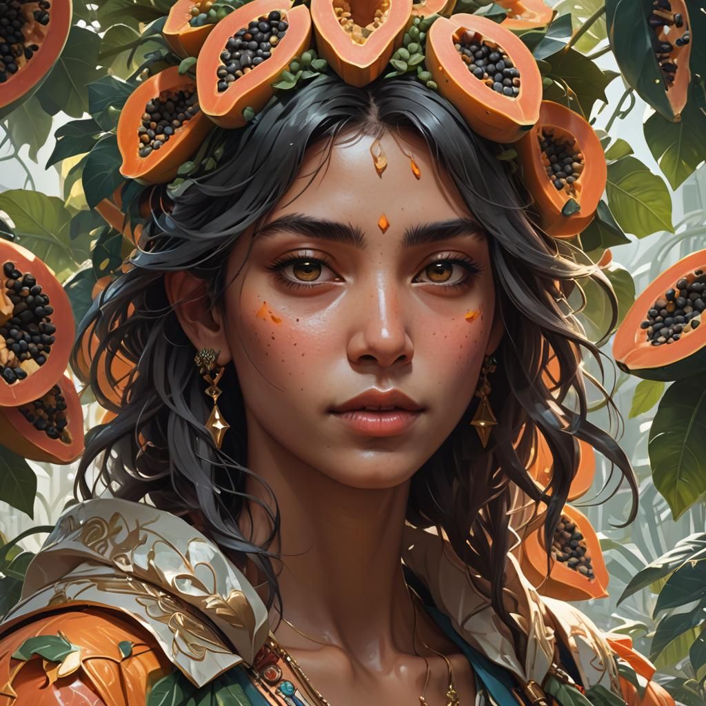 Hyperdetailed Papaya Portrait in Art Nouveau Style