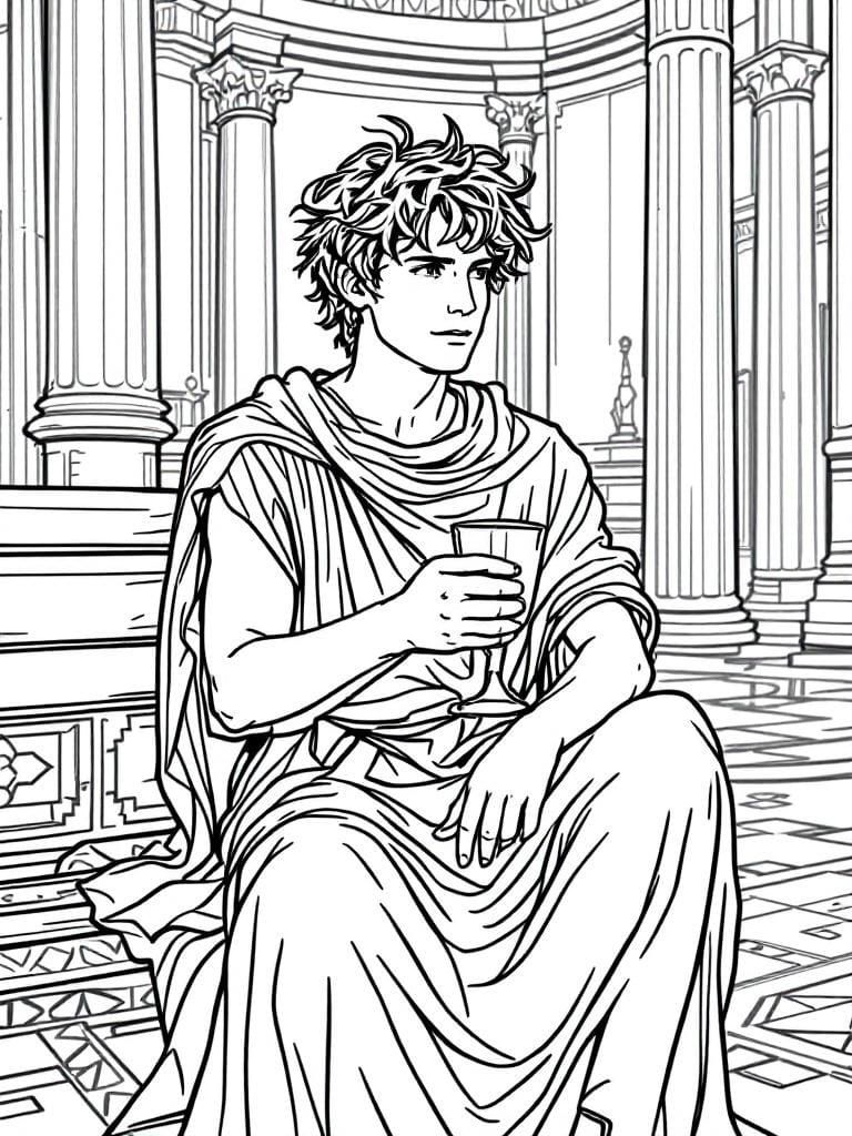 Roman Boy in Triclinium: Coloring Book Page