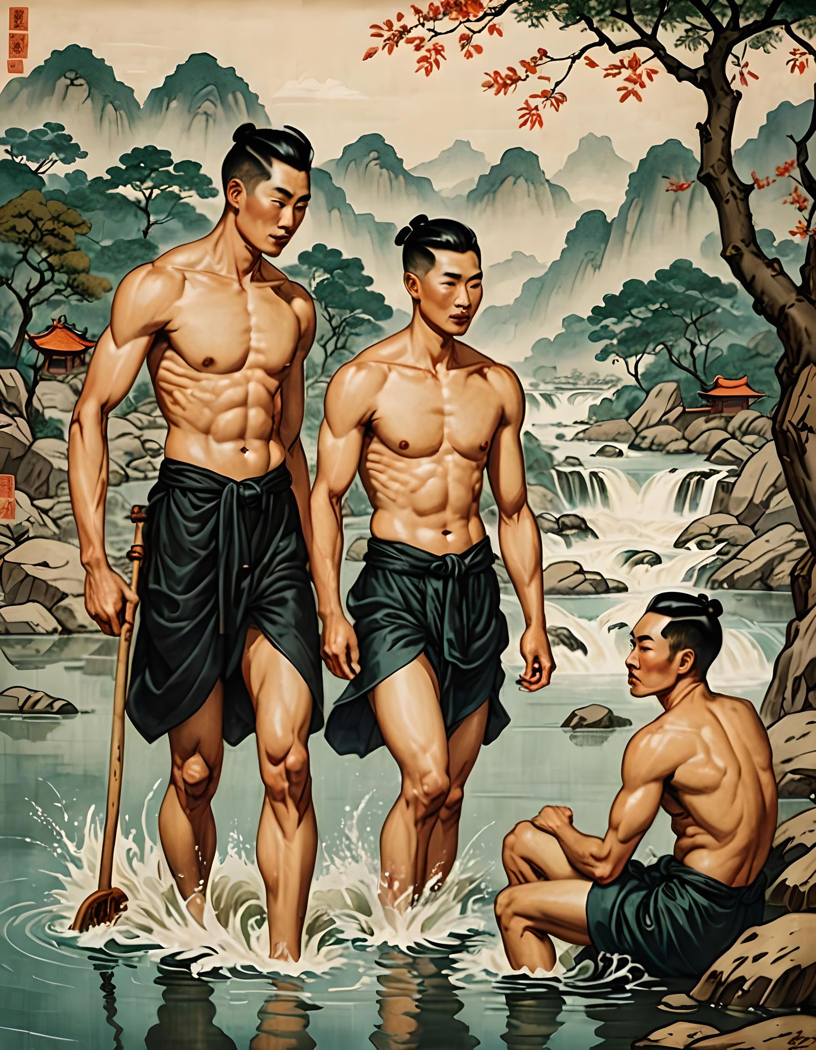 Men bathing in a river, Qing Dynasty