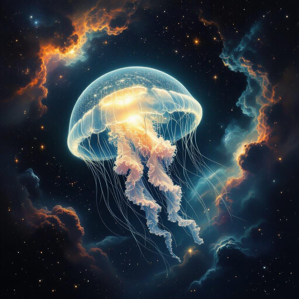 Bioluminescent Jellyfish Drifting Through Deep Space