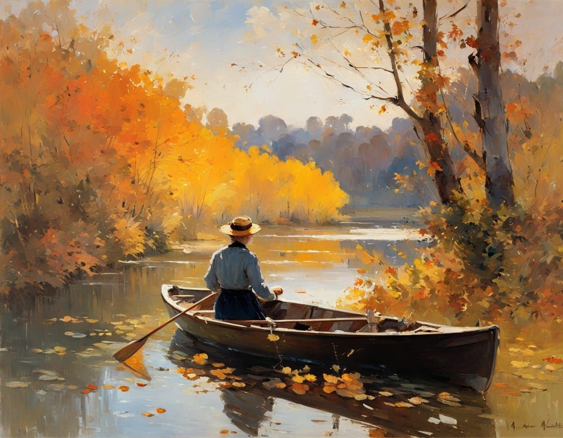 Autumnal Pond Scene as Impressionist Painting