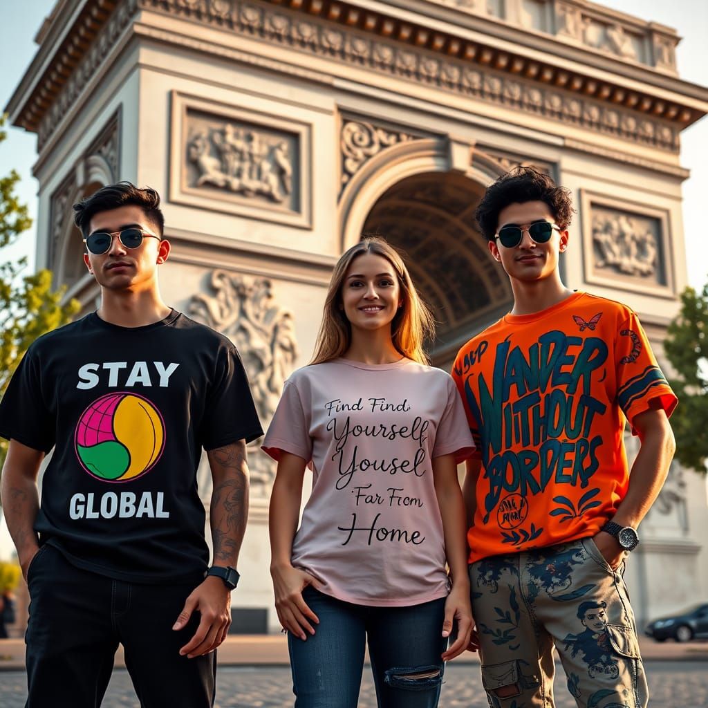 Stylish Travelers Near Arc de Triomphe in Hyperrealistic Sty...