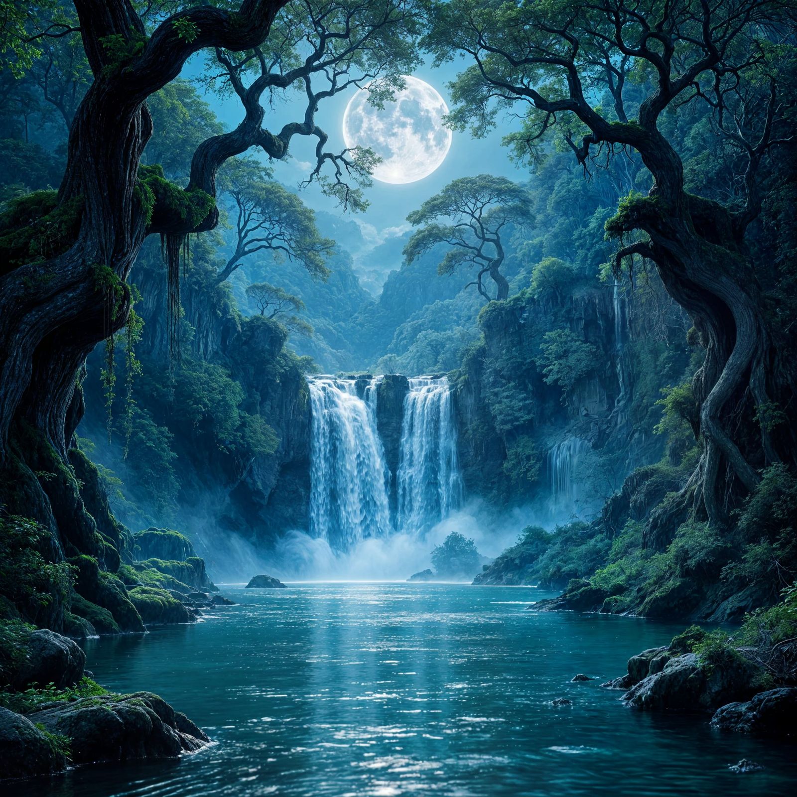 Moonlit Waterfall Amidst Ancient Trees in Hyperrealism
