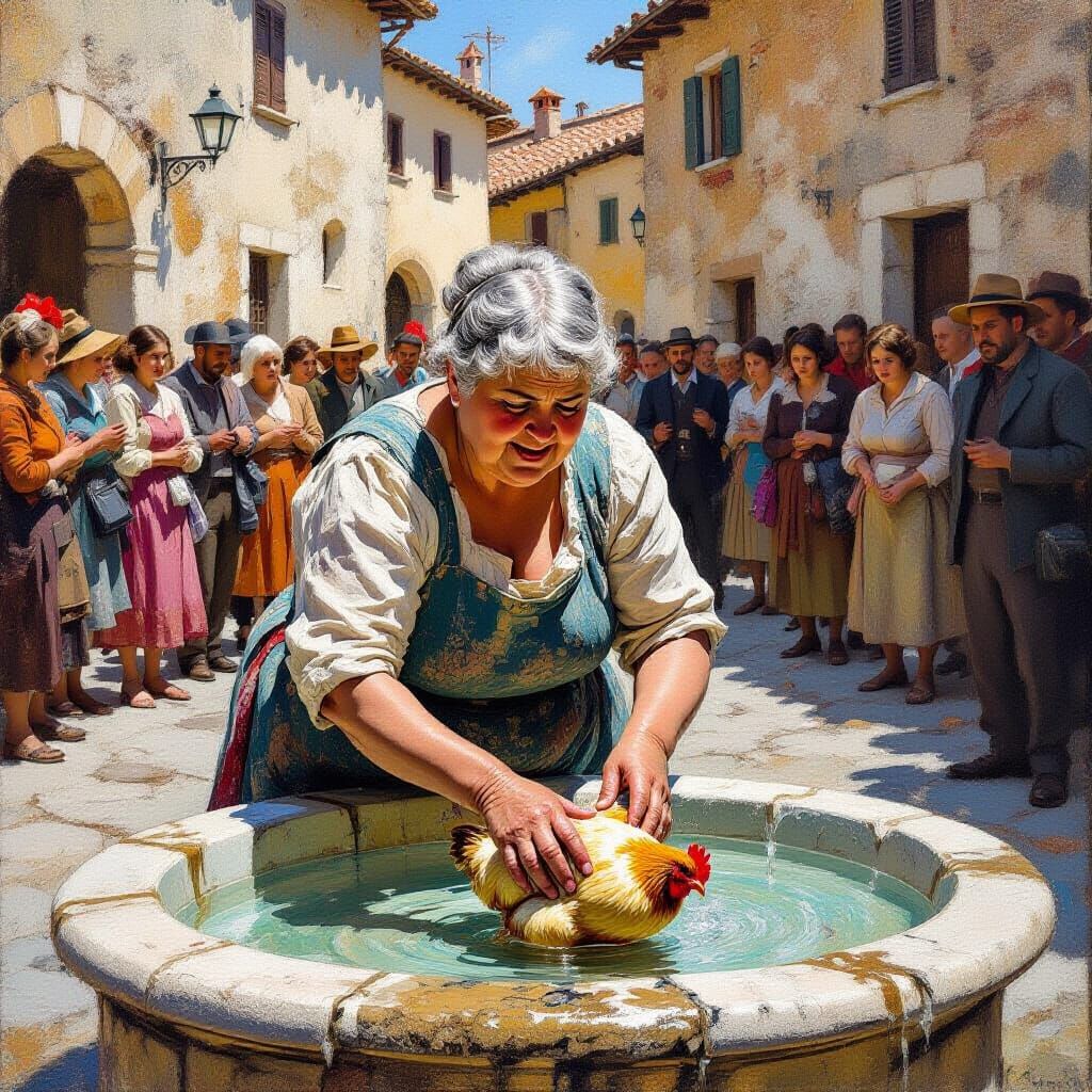 Elderly Woman Washing Chicken: Rustic Oil Painting