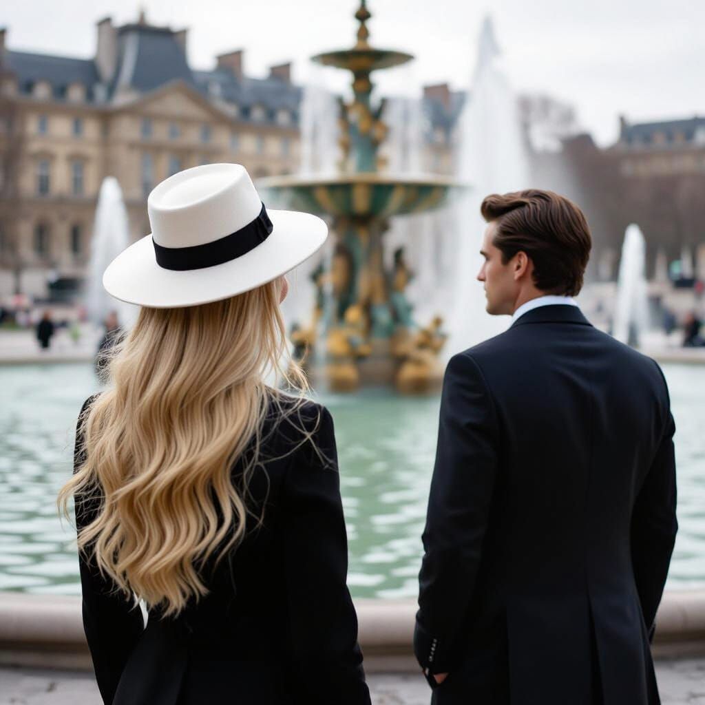 Woman in White Hat Watches Man at Paris Fountain