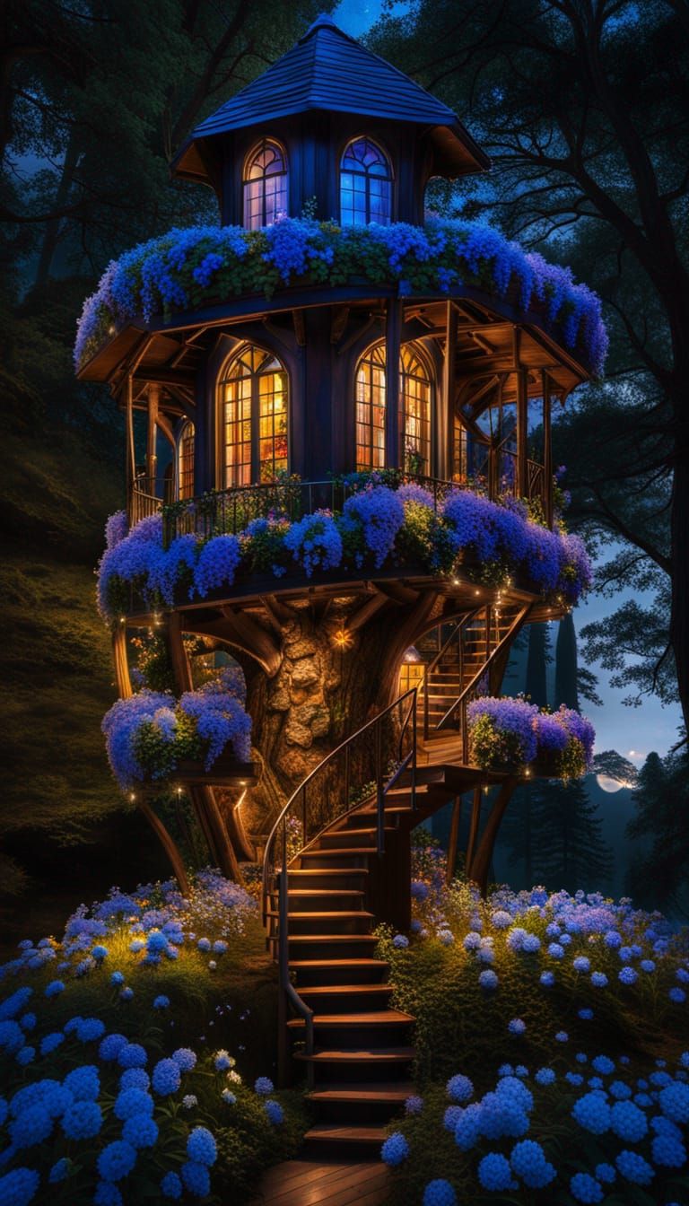 Enchanted Floral Treehouse Tower at Night