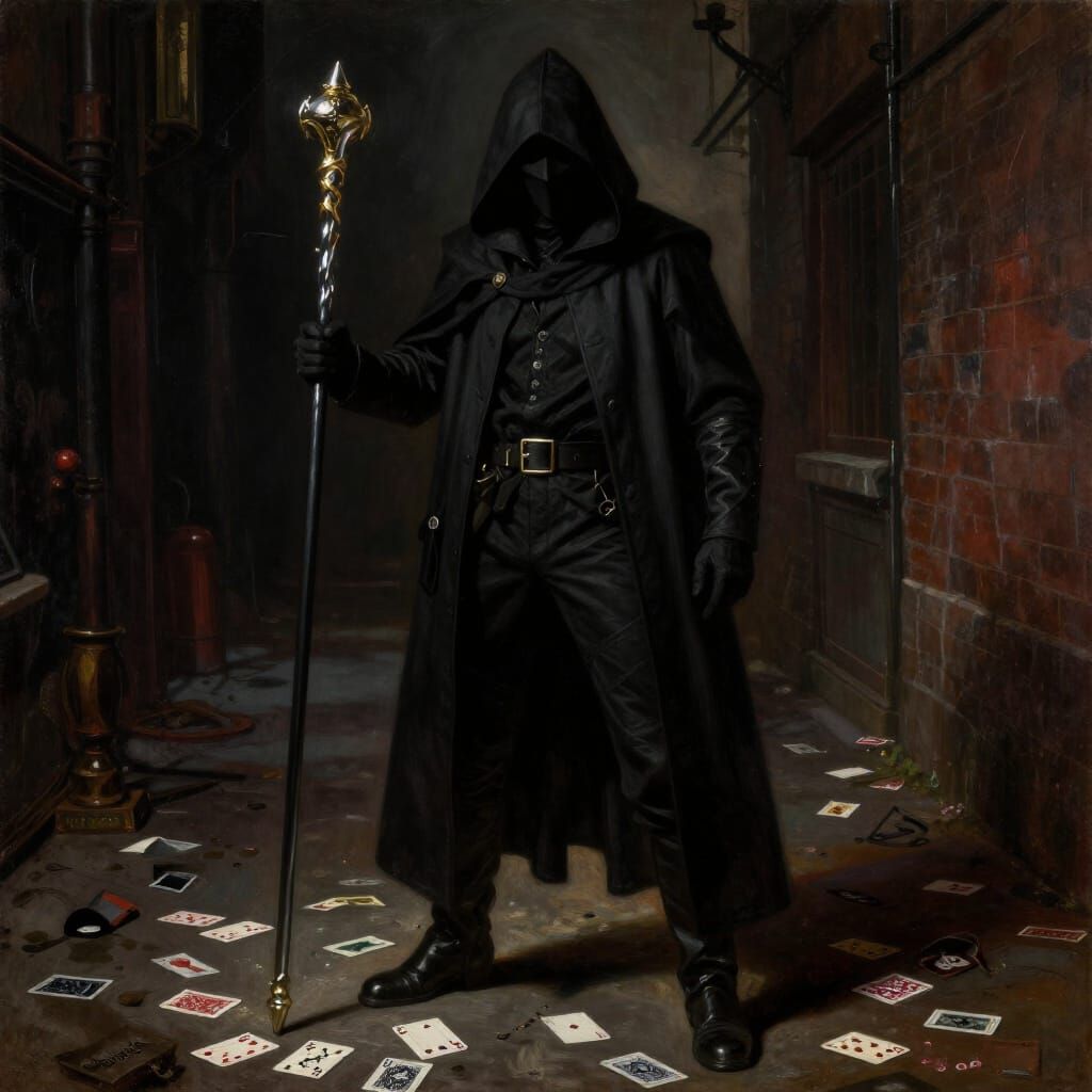 Shadowy Assassin with Gleaming Staff in Dim Alley