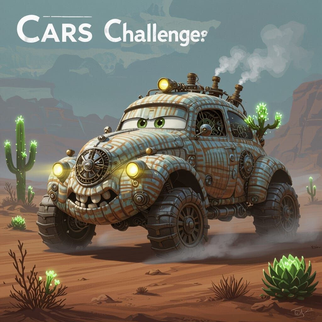 Colossal Seashell Clockwork Car in Alien Desert