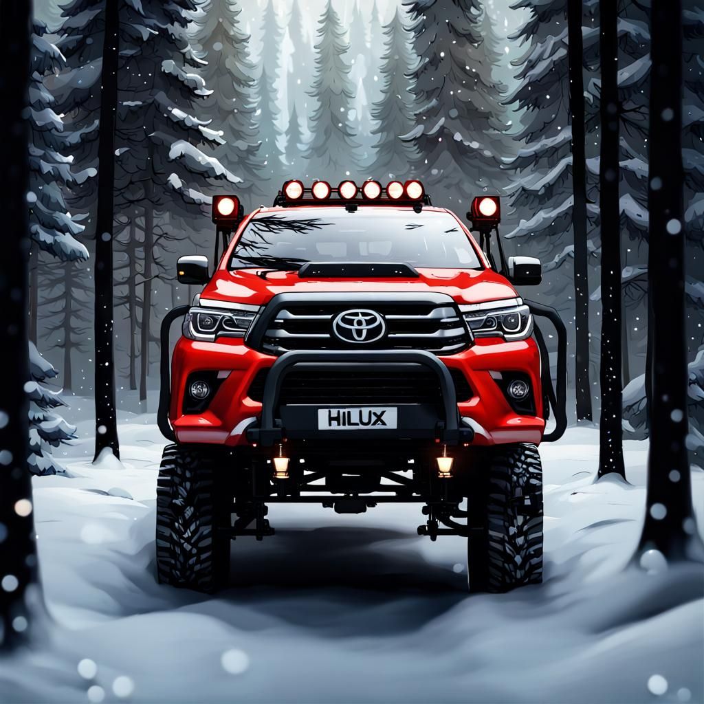 Red Toyota Hilux in Winter Forest with Christmas Lights