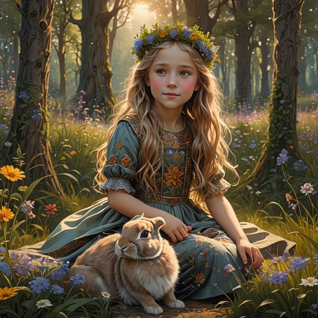 Girl with Wildflowers and Rabbit, Art Nouveau Style
