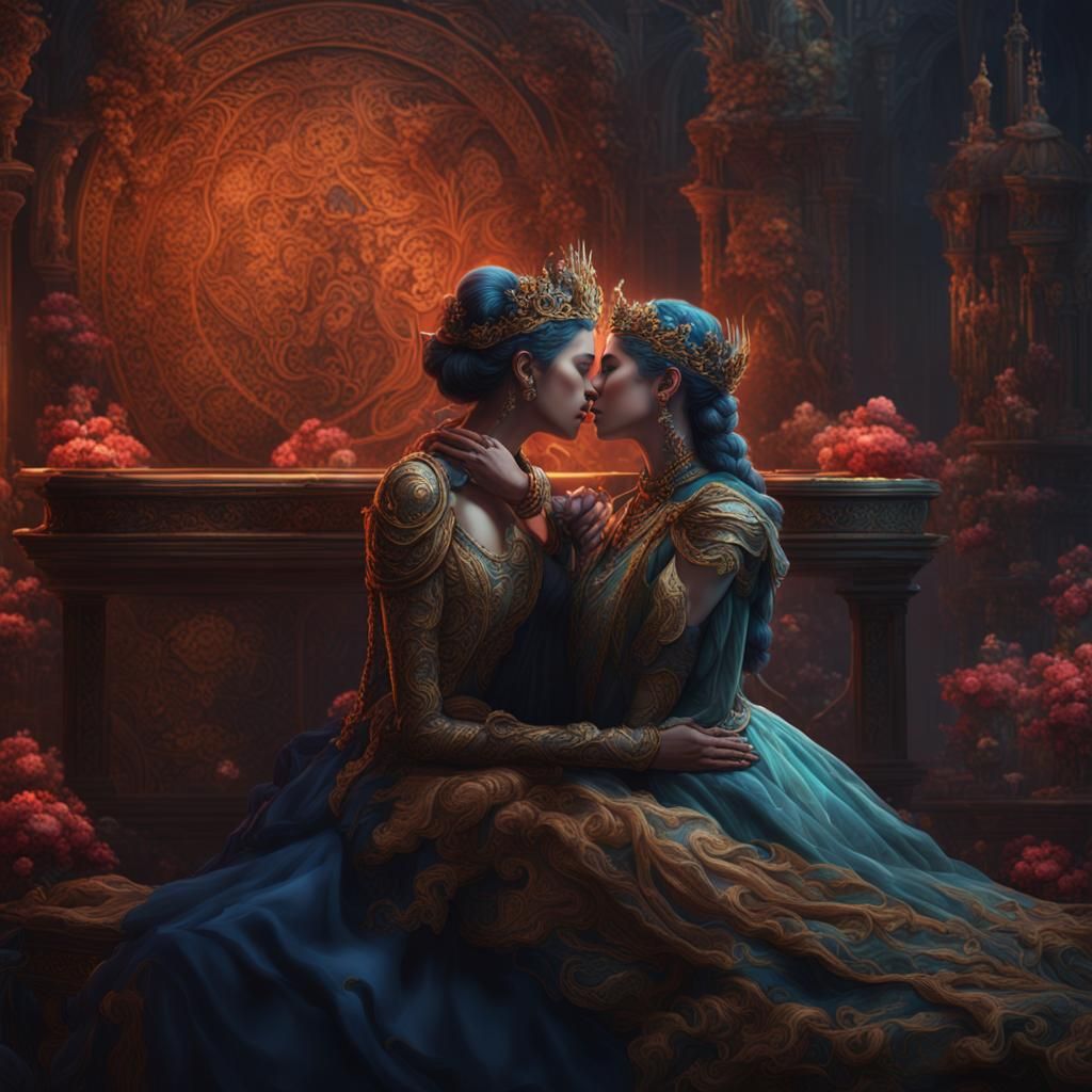 Intimate Embrace: A Fantastical Scene in Deep Color