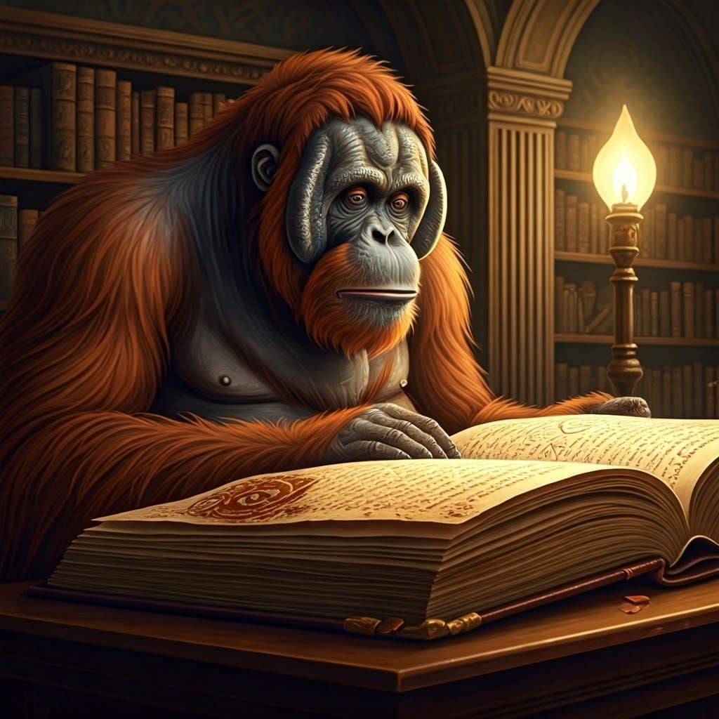 Mystical Orangutan Scholar in Gas Lit Library