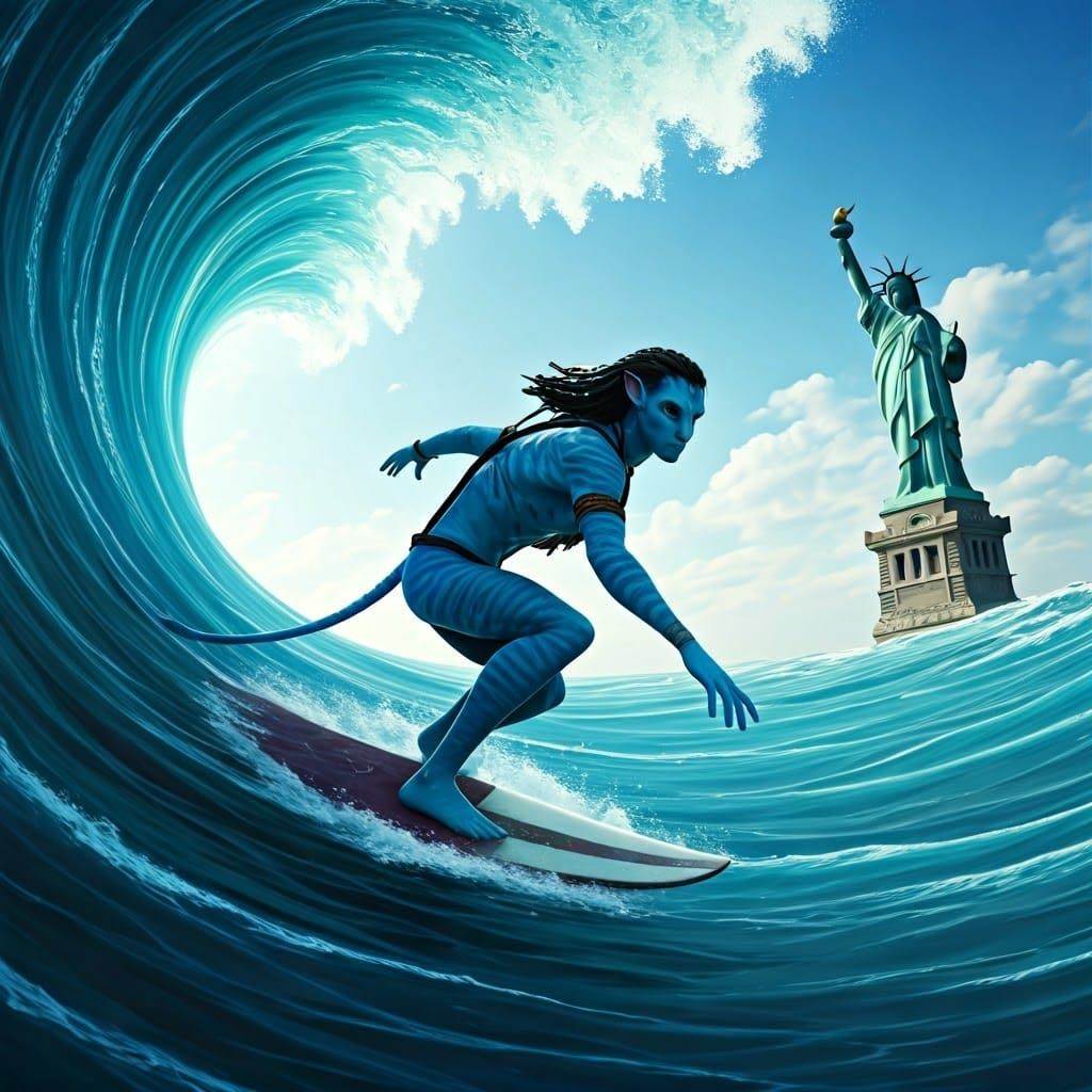 Na‘vi from „Avatar“ surfing a wave on earth