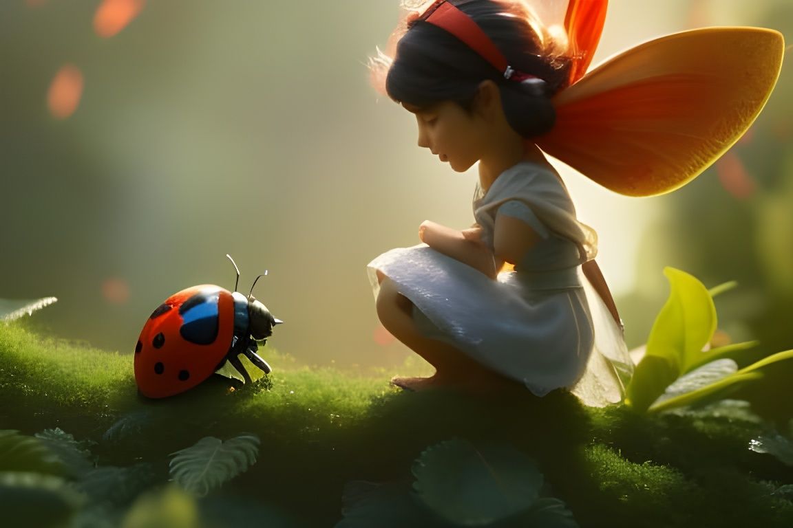 Pixie Chatting with Ladybug, Art Nouveau Style