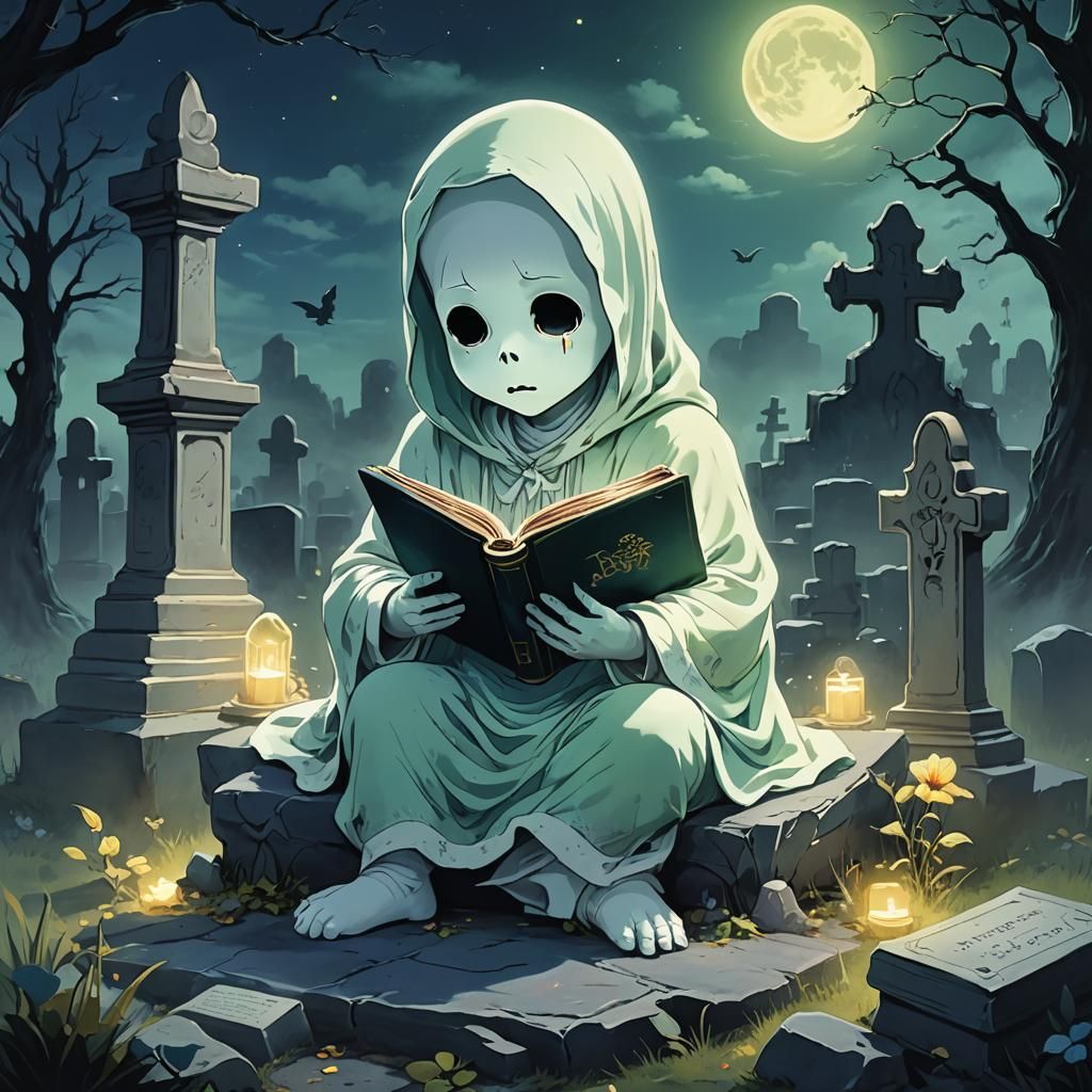 Baby Ghost Reading by Moonlight in Anime Style