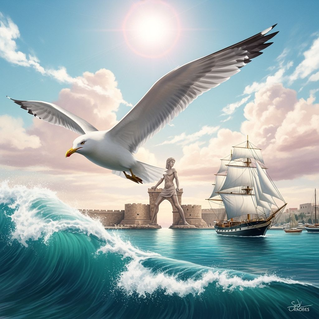 Seagull Soars Over Schooner Entering Rhodes Harbor