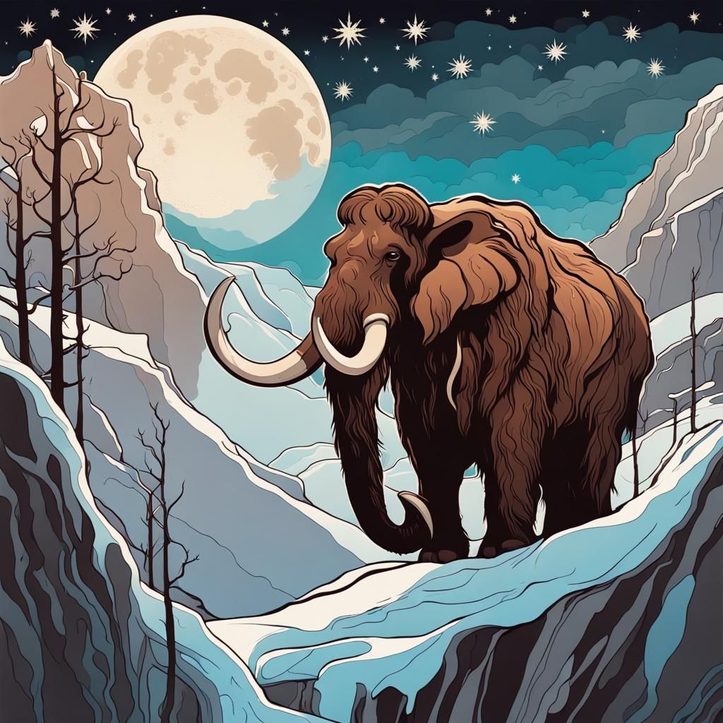 Woolly Mammoth on Snowy Cliff in Mucha Style