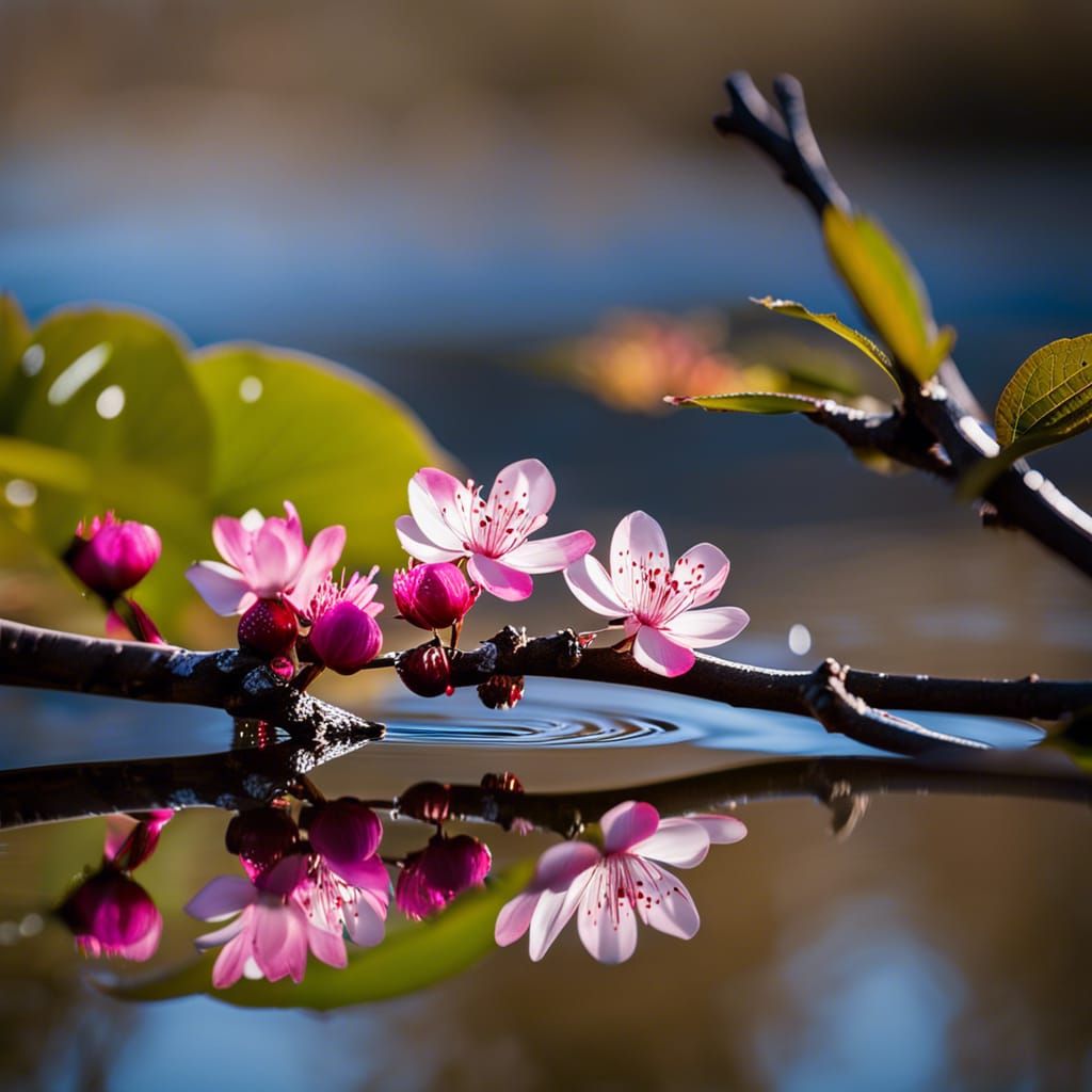 Cherry Branch Reflections in Water: Professional Photography