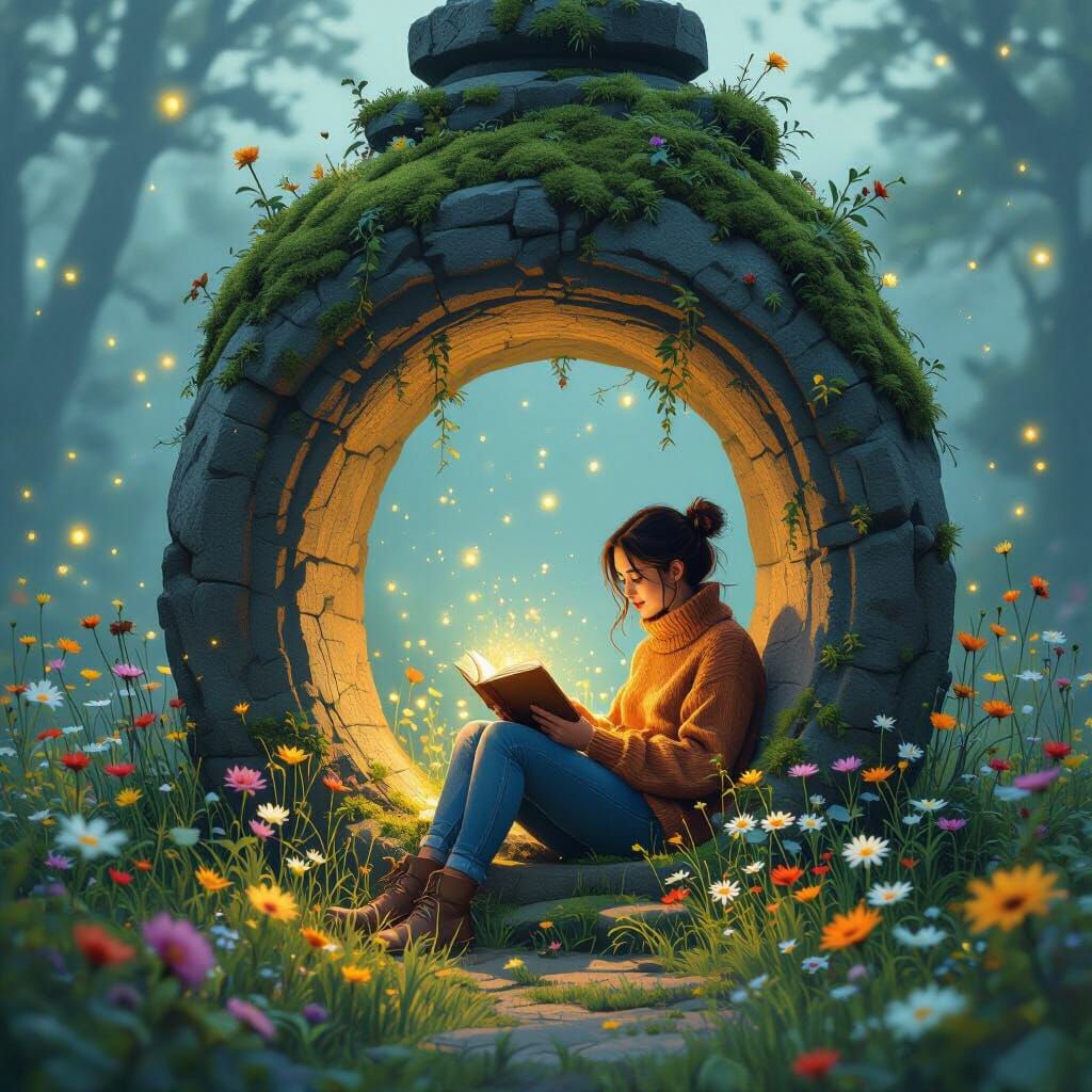 Ethereal Reading Nook in Ancient Stone Lantern