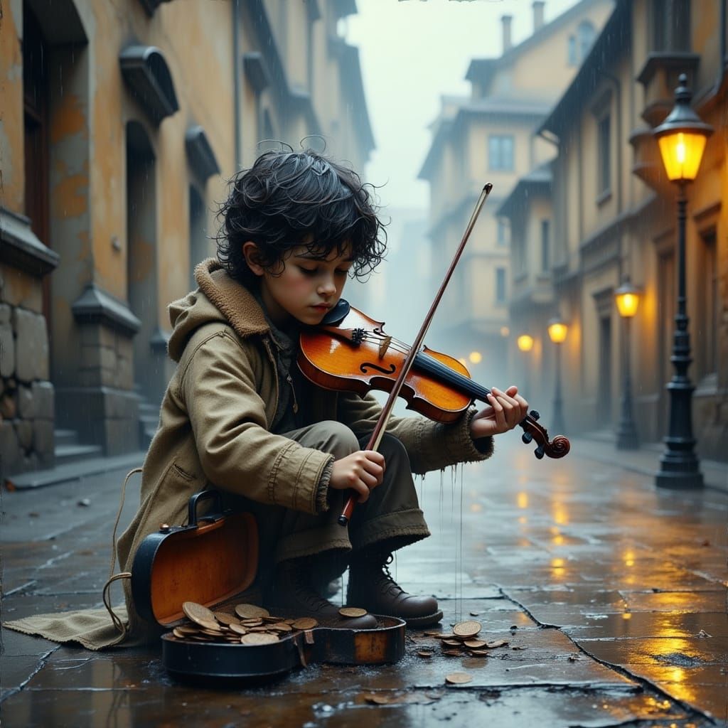 Street Violinist Plays in Rainy City Square
