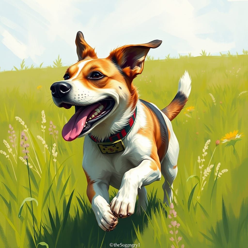 Joyful Dog Running in Meadow, Modern Art Style