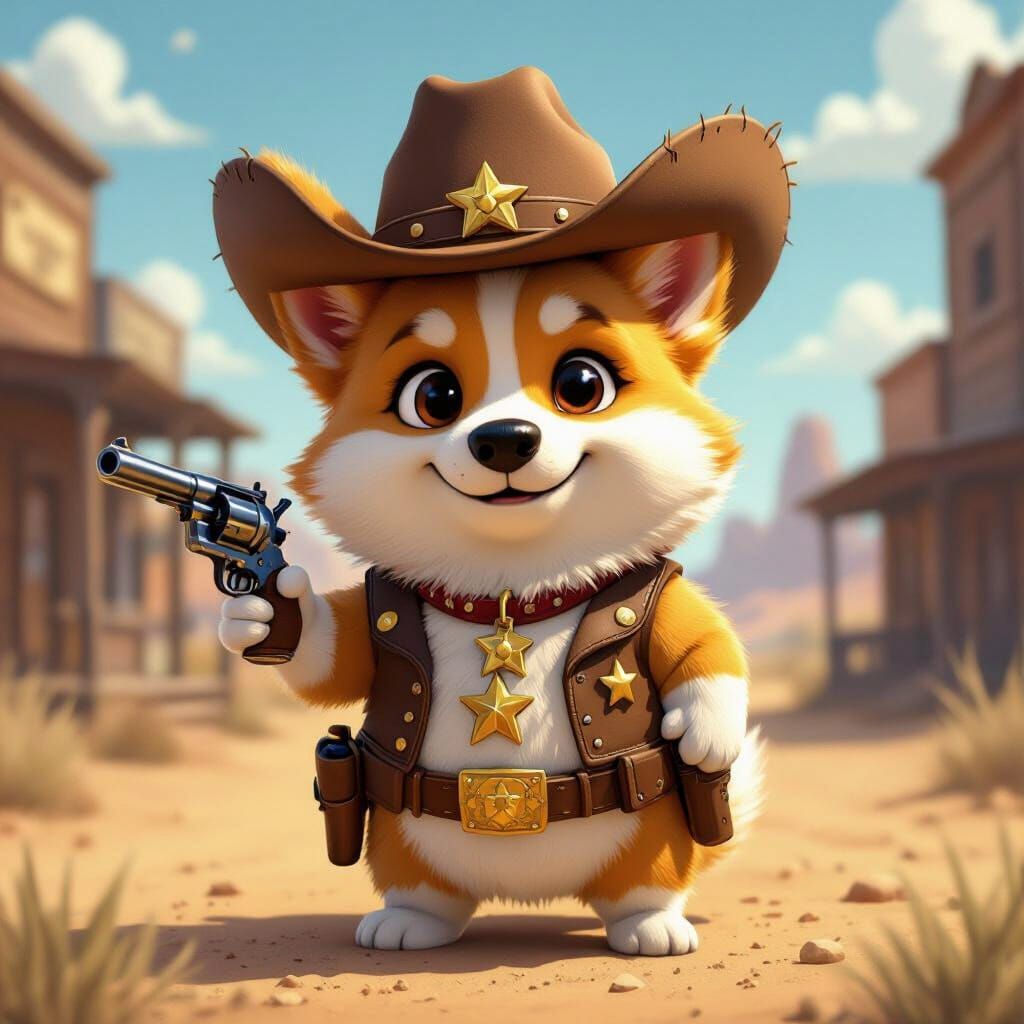 Corgi Cowboy Sheriff in Cartoon Western Town