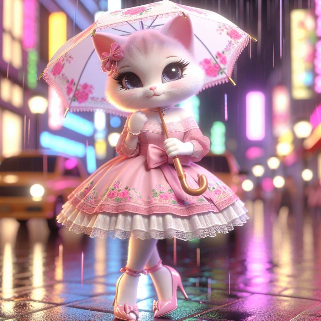 Disney Pixar style 3D adorable female cat, dressed in a pink coquette dress and bows, wearing pink high heeled shoes, wa...