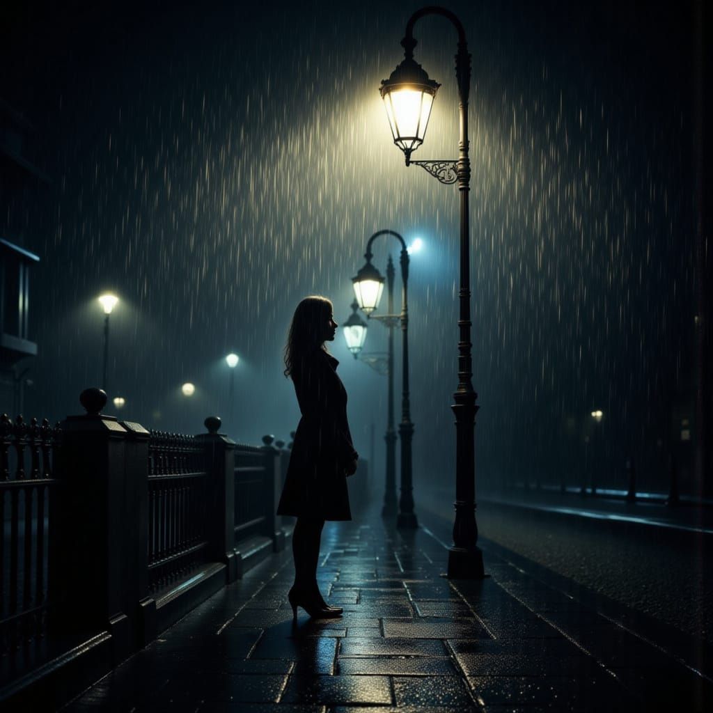 Woman's Silhouette Under Street Lamp in Misty Rain