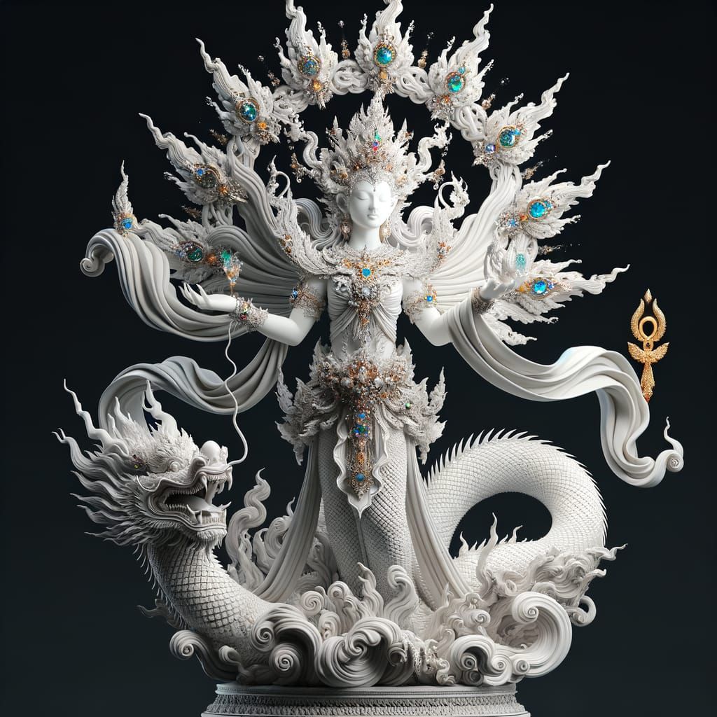 Majestic Hybrid Goddess Statue in White Plaster