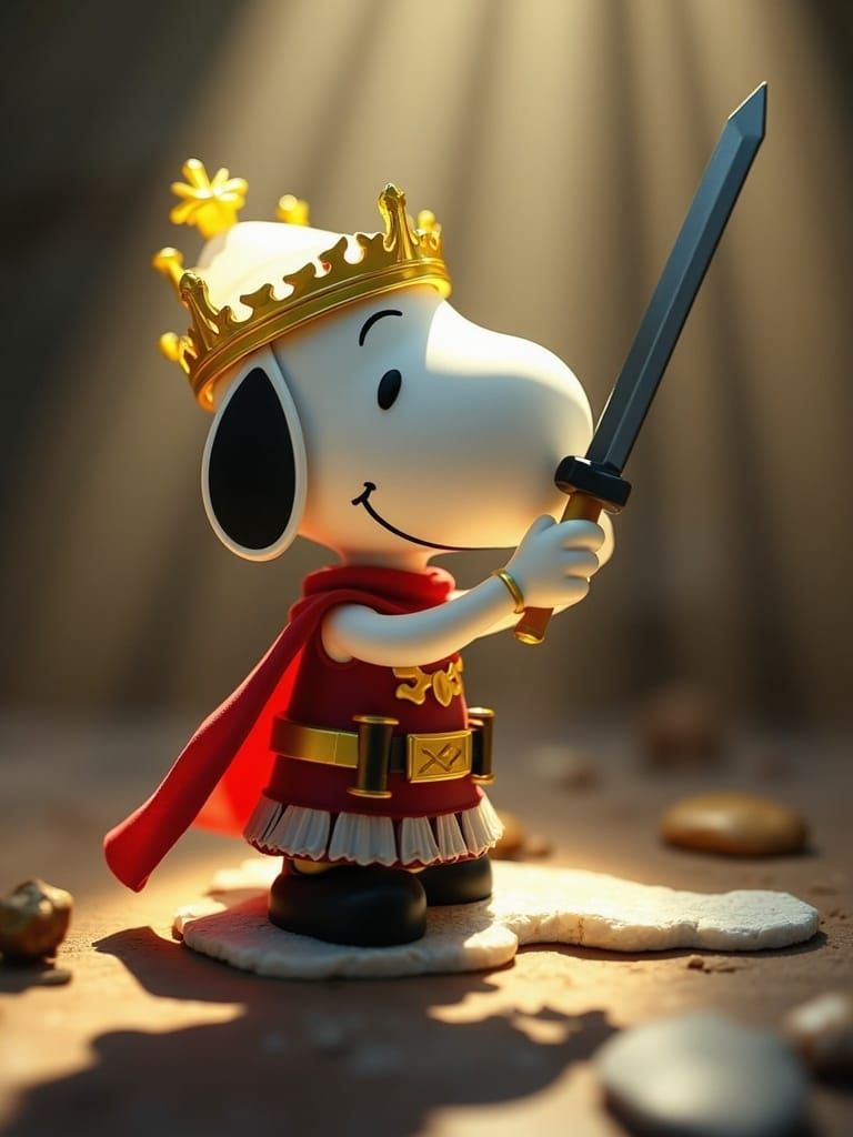 Snoopy as King Arthur pulling sword from stone.